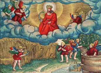 Offenbarung 14:14 Der Schnitter, Vision von Armageddon, aus der Lutherbibel, ca. 1530 (Farbholzschnitt)